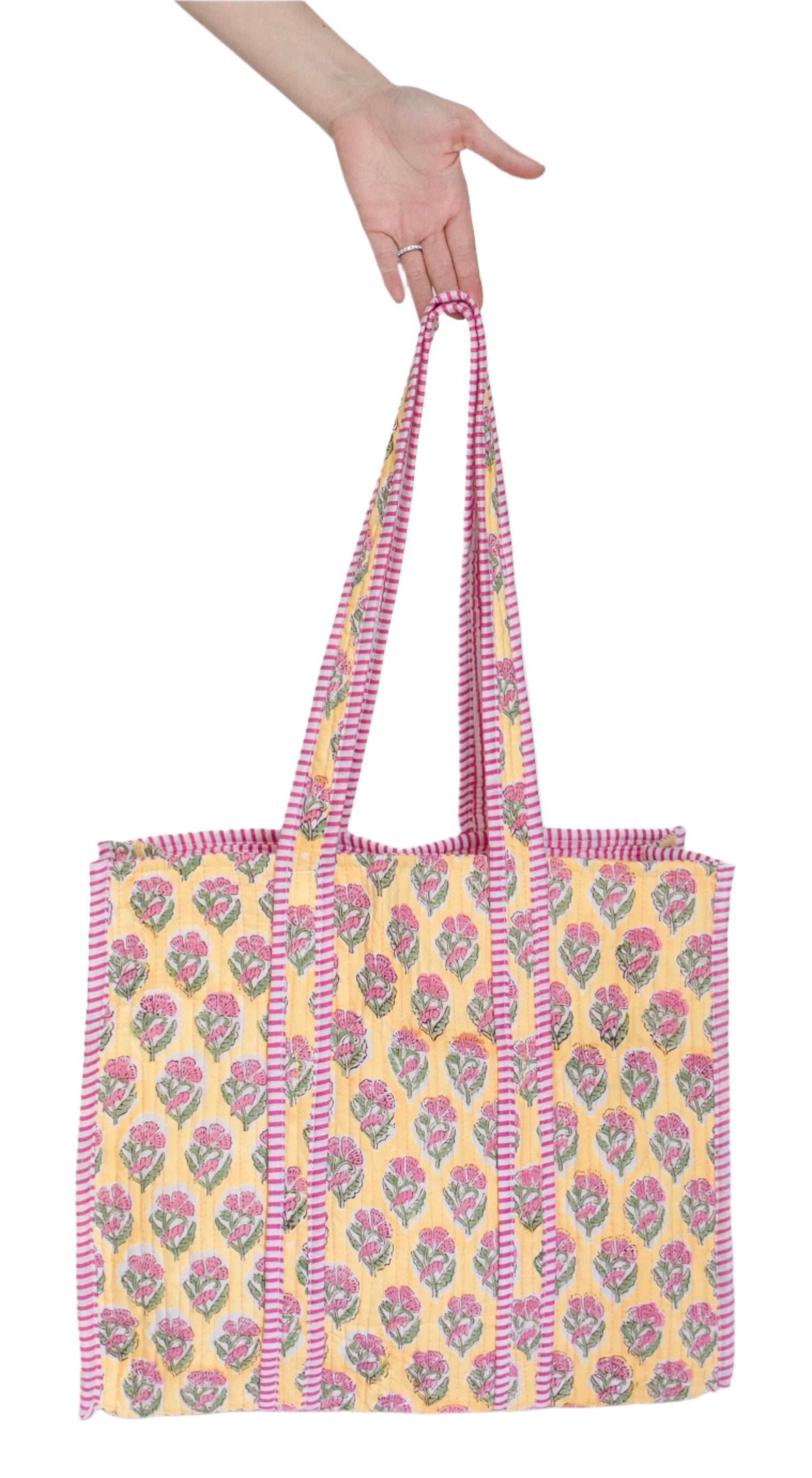 Yellow-Pink Handblock Quilted Tote Bag