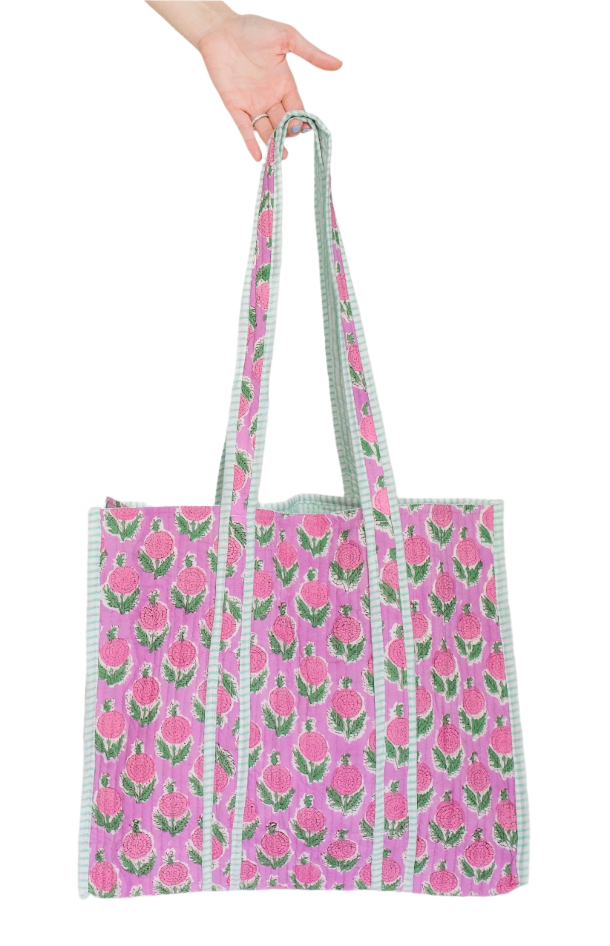 Pink-Green Handblock Quilted Tote Bag