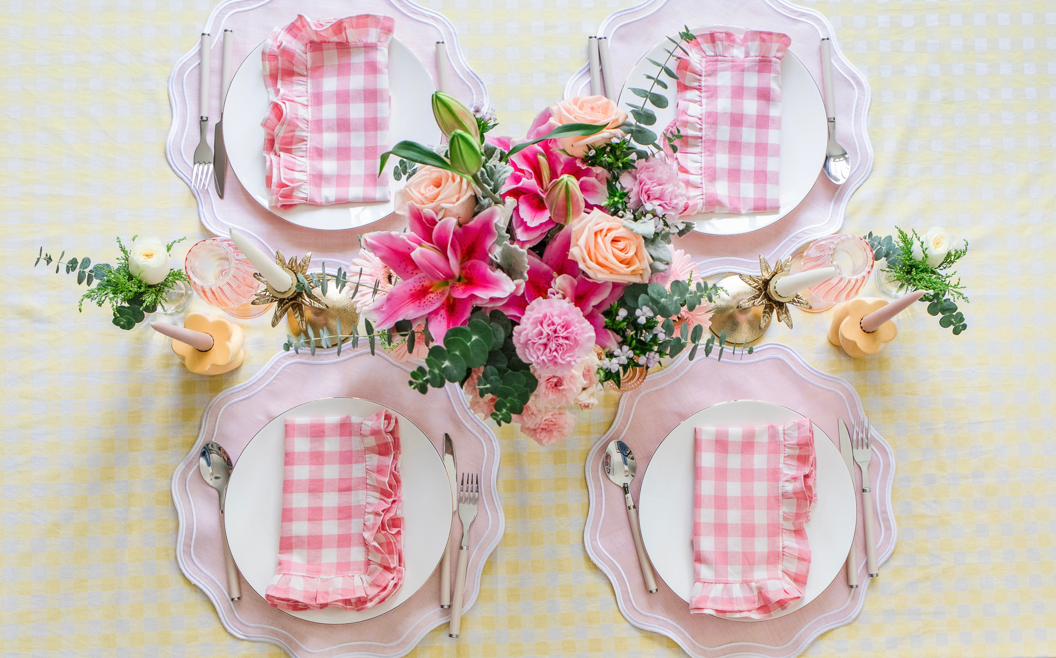 Pink Gingham Ruffle Placemat / Napkin (Set of 4)