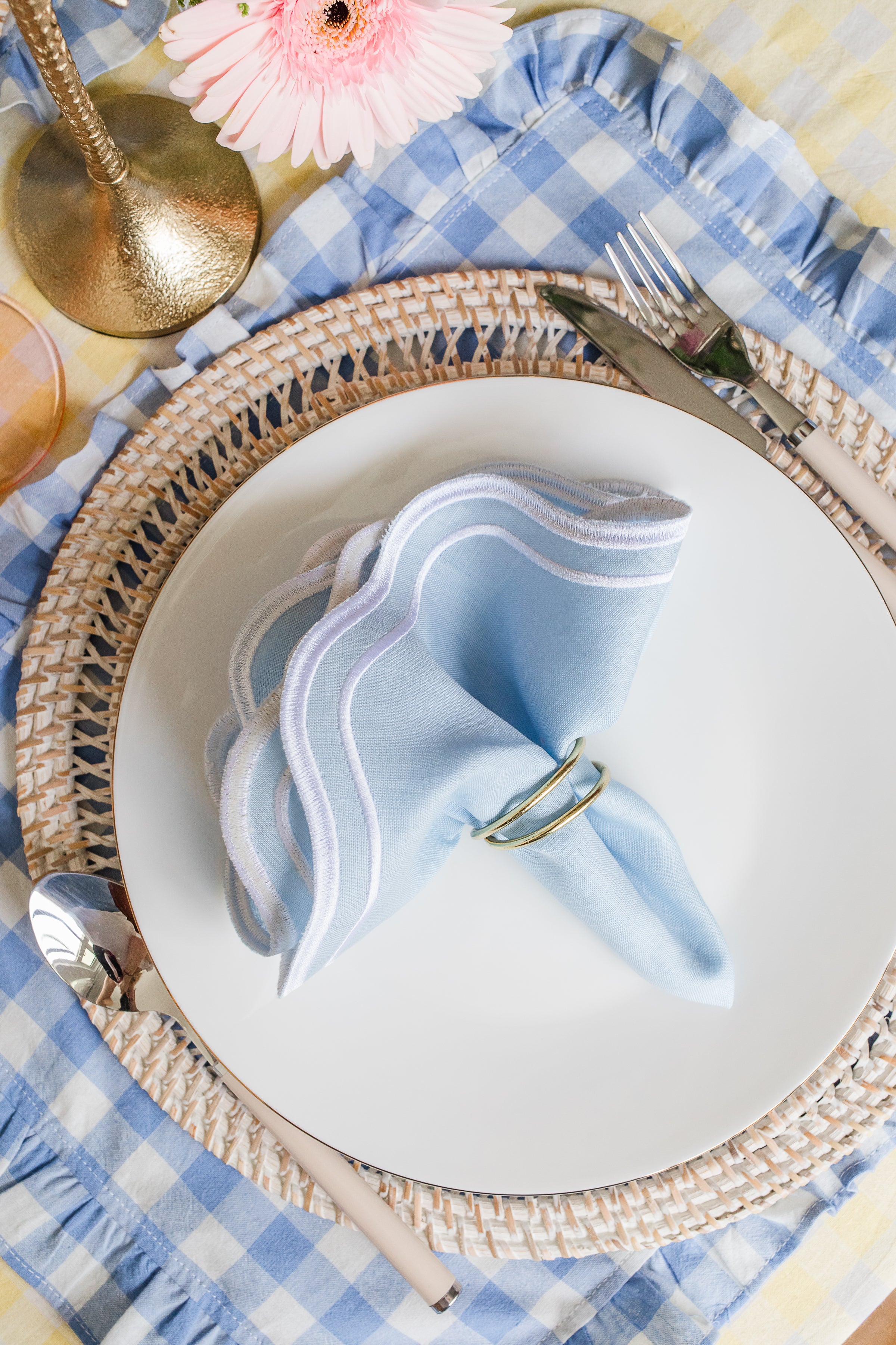 Blue Gingham Ruffle Placemat / Napkin (Set of 4)