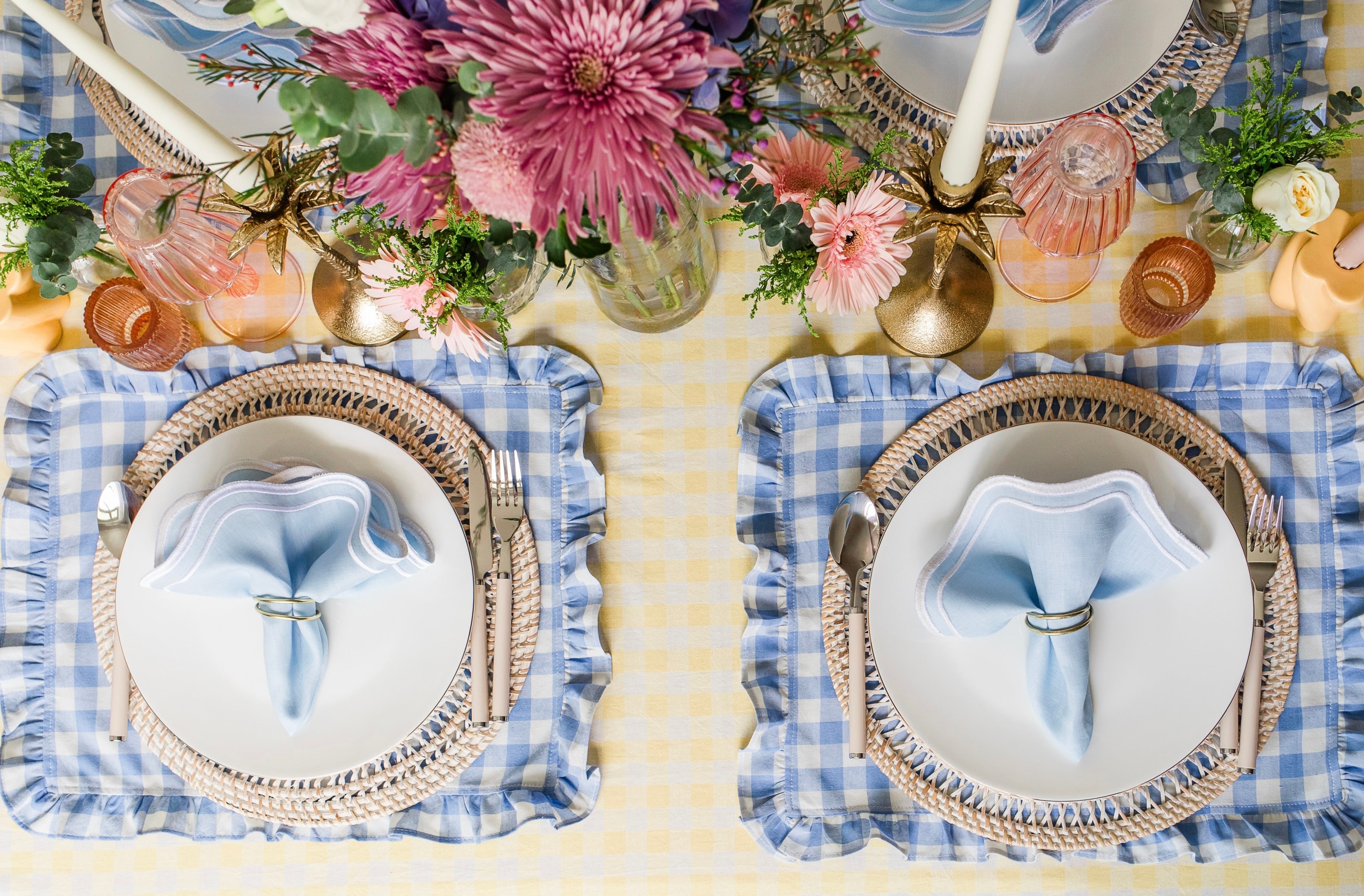 Blue Gingham Ruffle Placemat / Napkin (Set of 4)