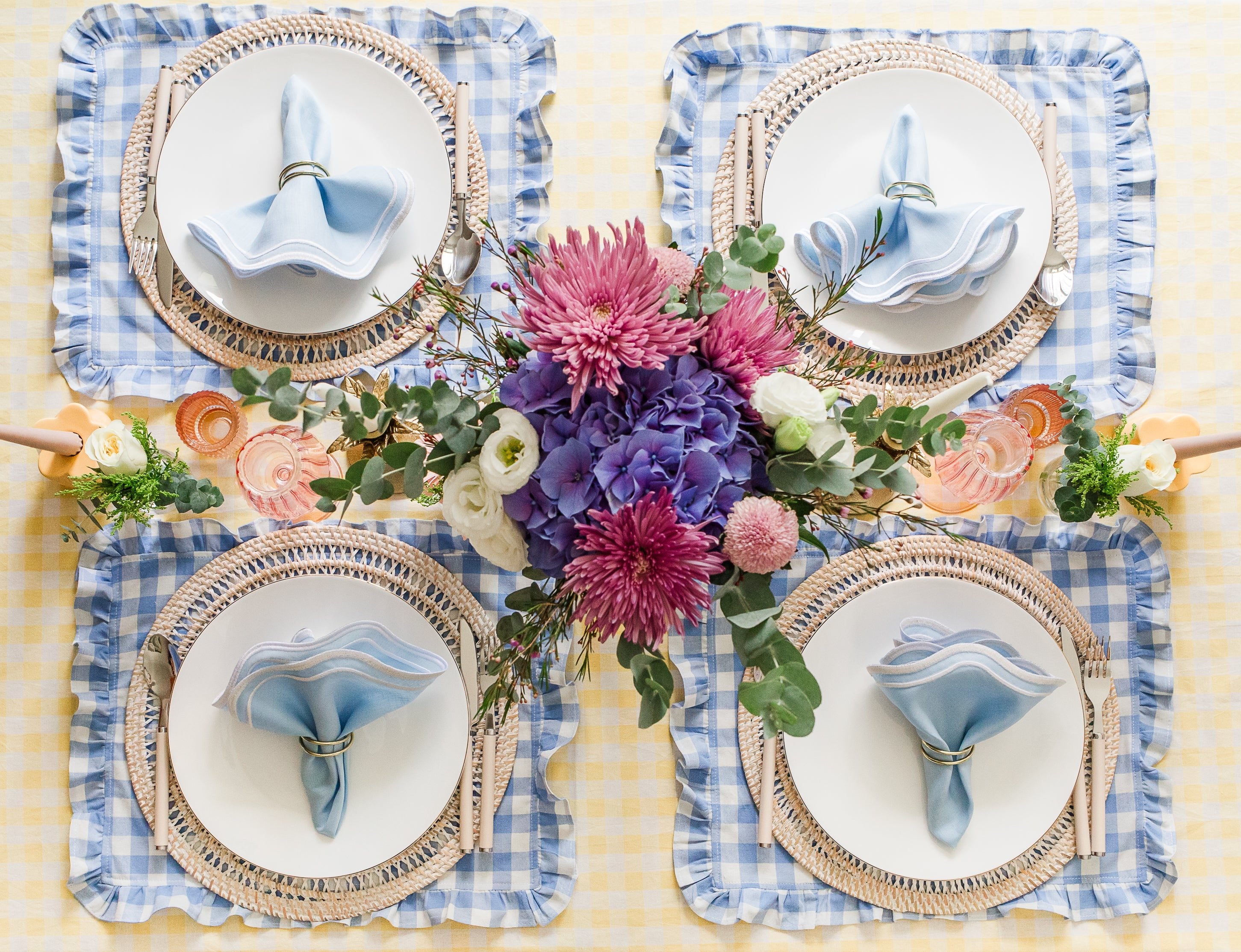 Blue Gingham Ruffle Placemat / Napkin (Set of 4)