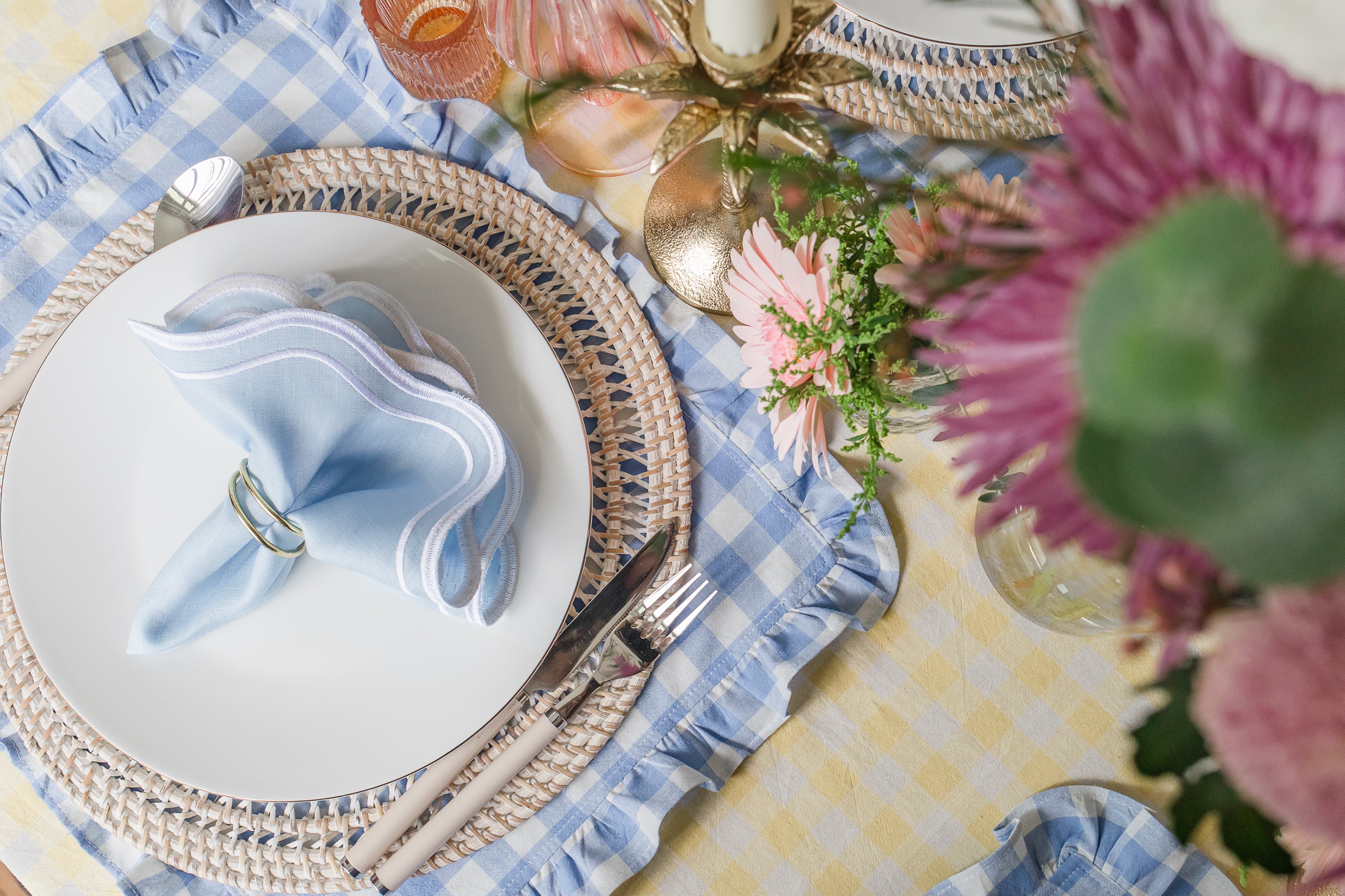 Blue Gingham Ruffle Placemat / Napkin (Set of 4)