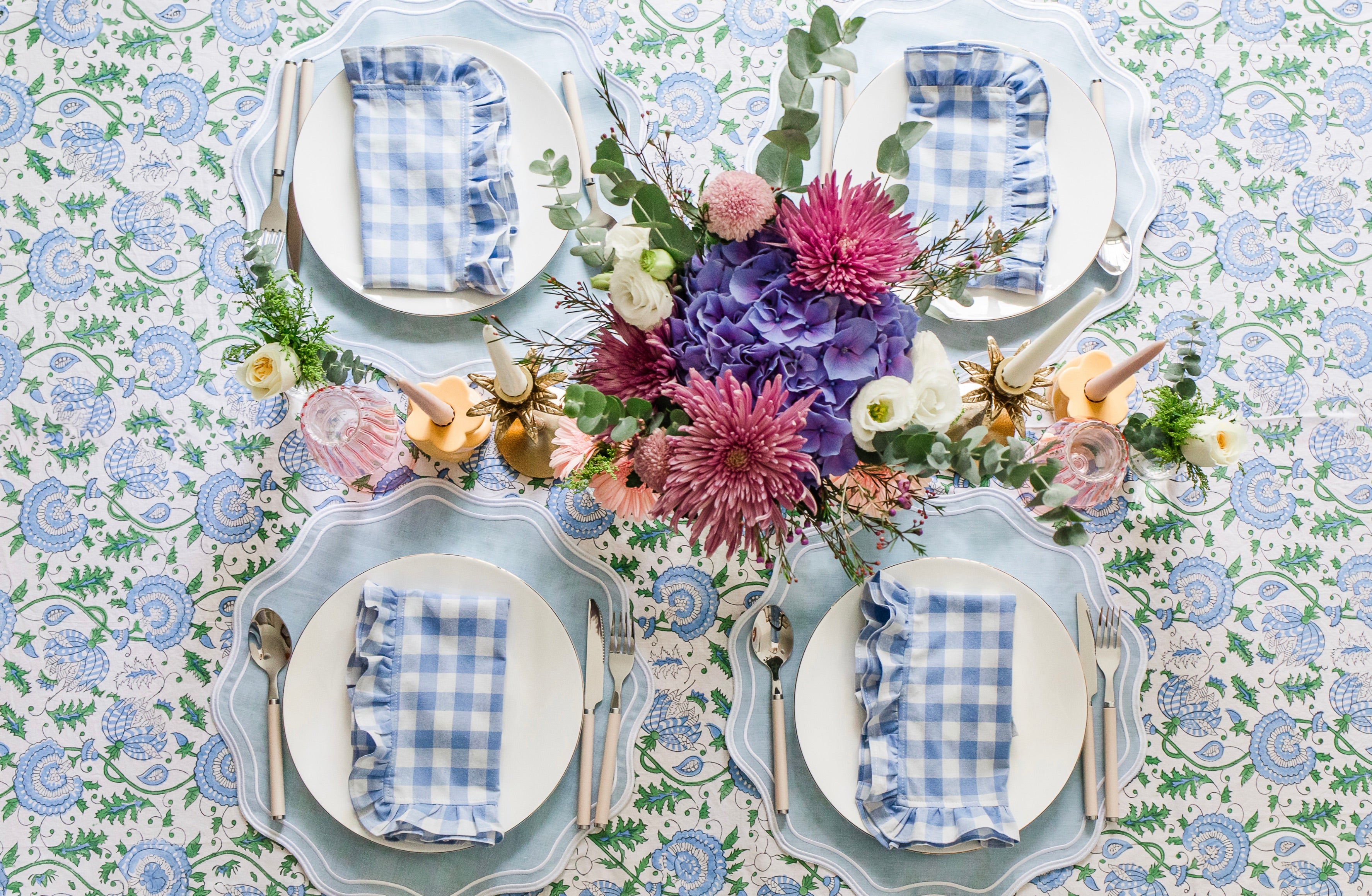 Blue Gingham Ruffle Placemat / Napkin (Set of 4)