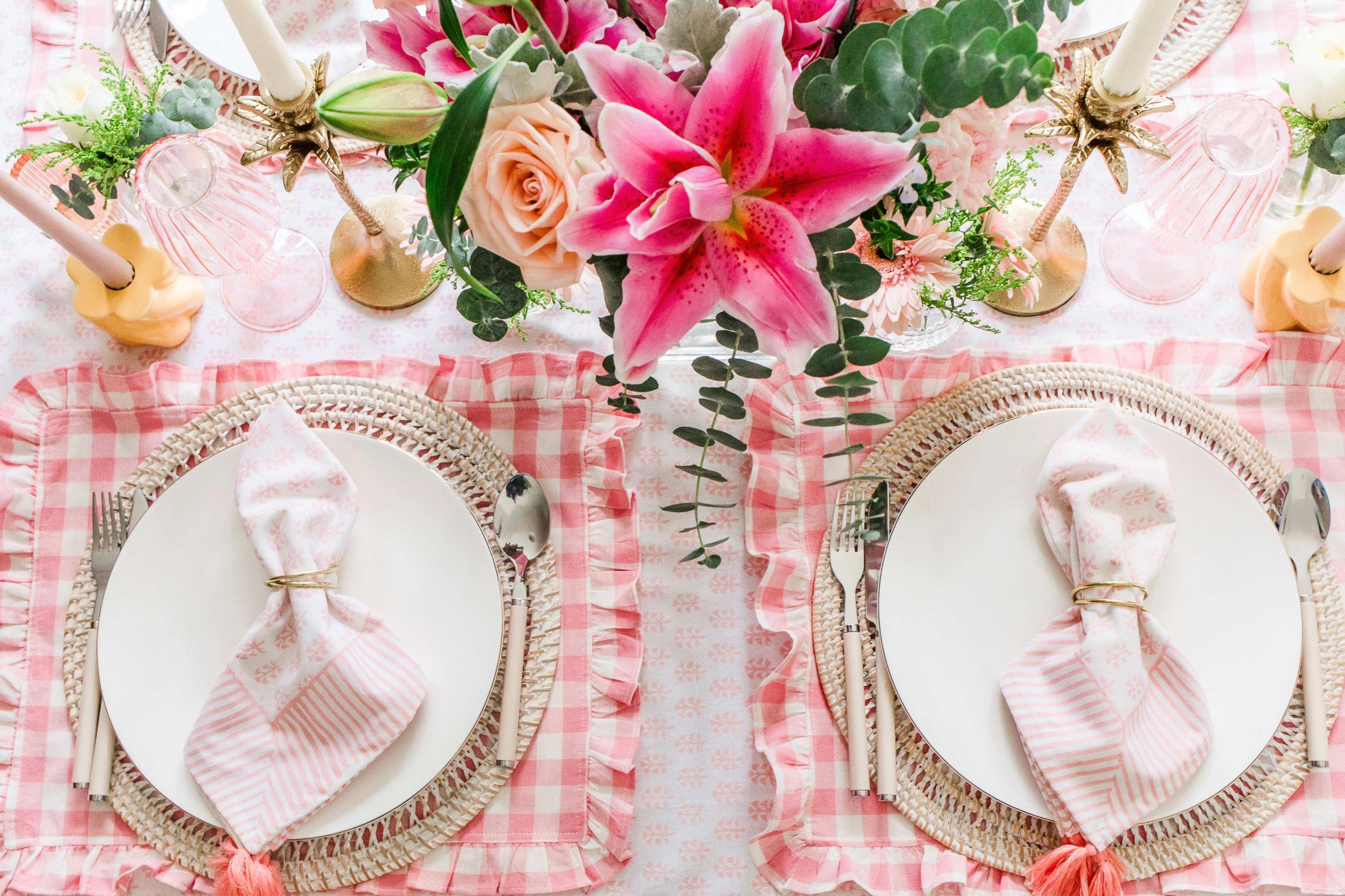 Pink Gingham Ruffle Placemat / Napkin (Set of 4)