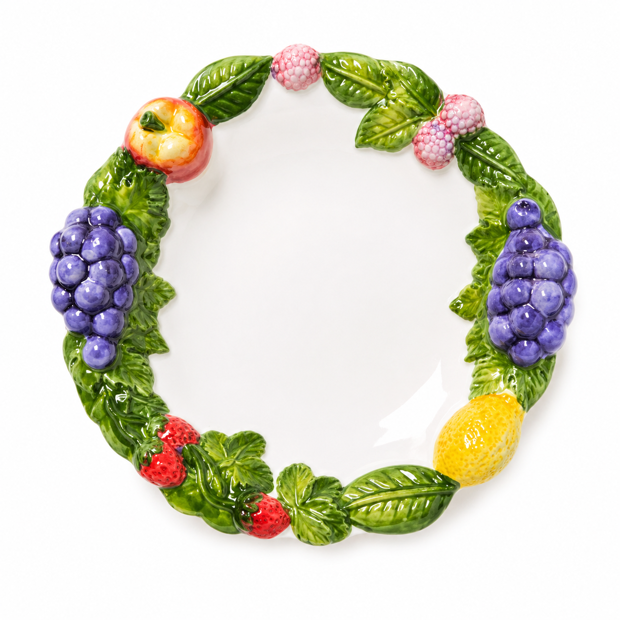 Hand-painted Italian ceramic fruit bowl with sculpted garland border of grapes strawberries lemon apple and raspberries – Cherry Pie Farmhouse Singapore