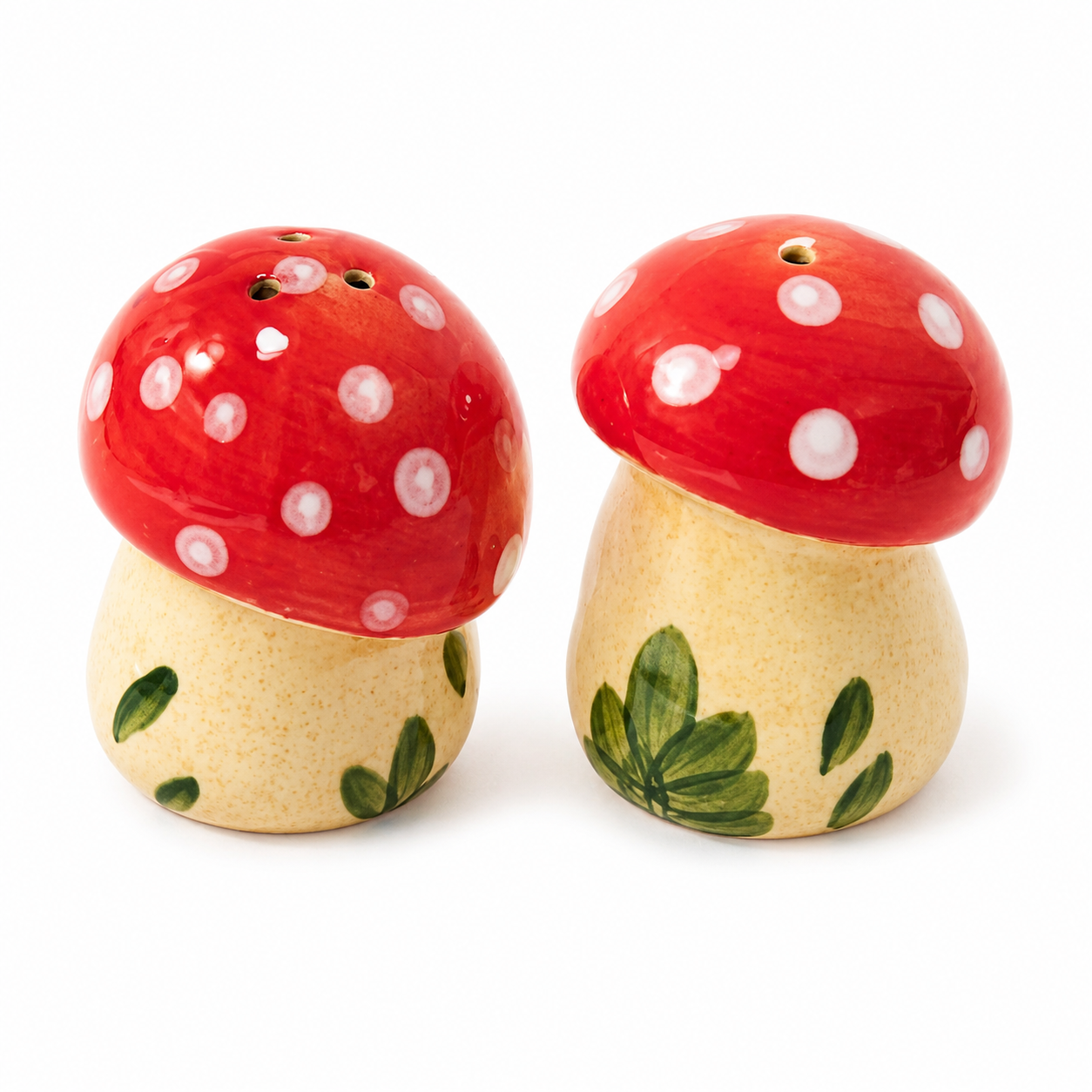 Handpainted Italian ceramic mushroom salt and pepper shaker set with red spotted caps