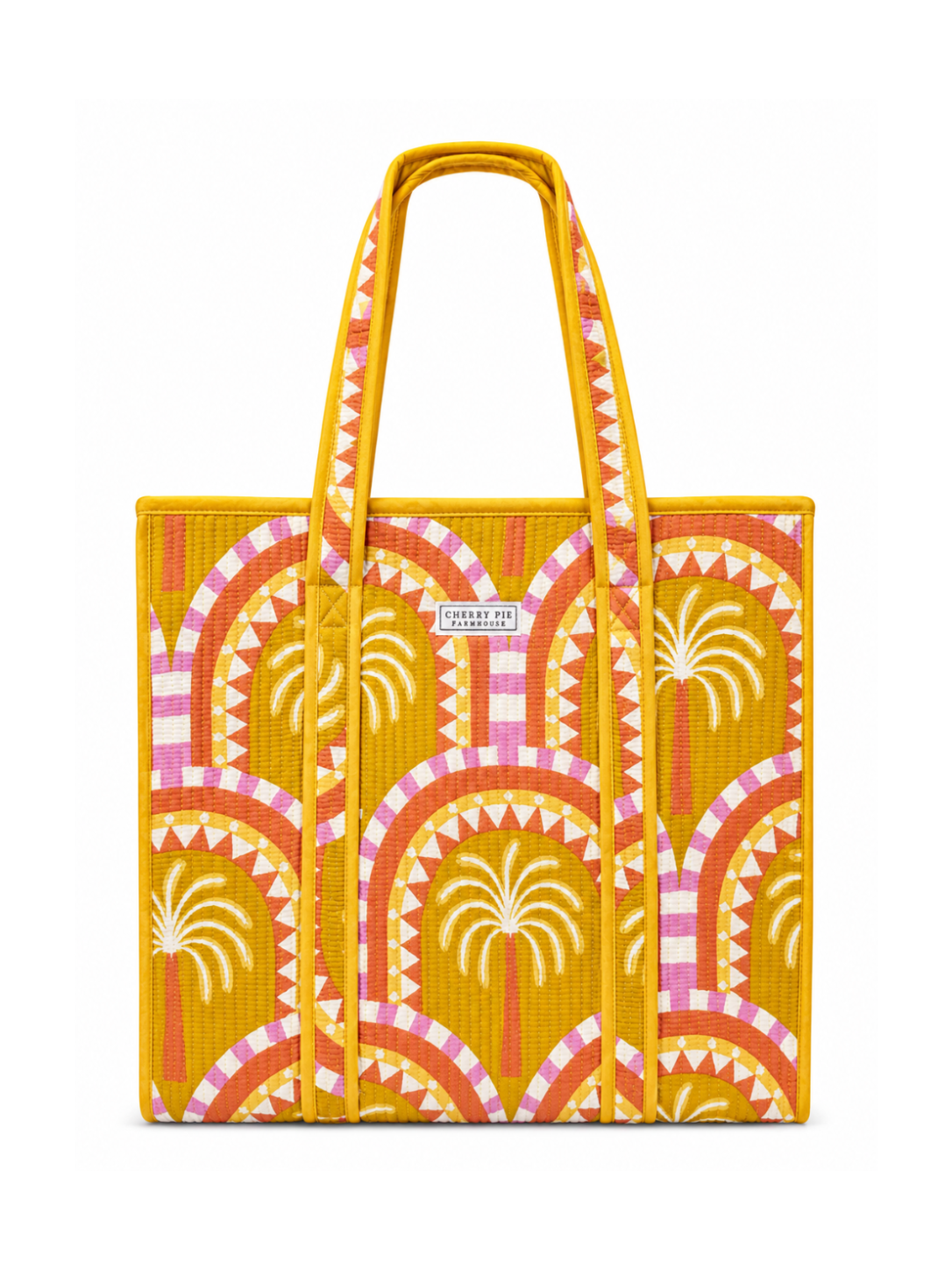 Palm mustard coral quilted cotton tote bag