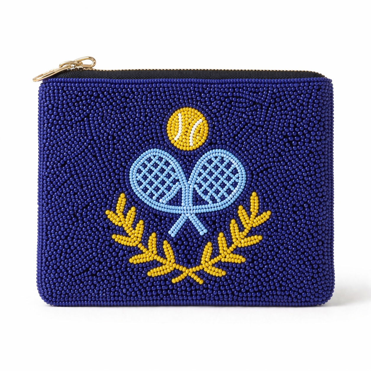 Blue beaded pouch with padel rackets and ball design on a white background