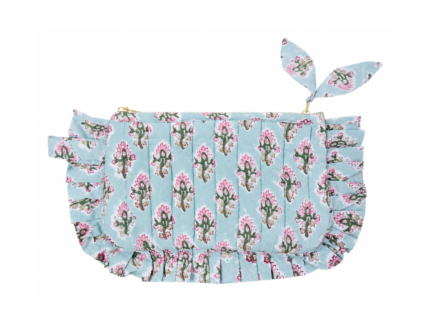 Hand block printed quilted cotton frill pouch in blue floral print