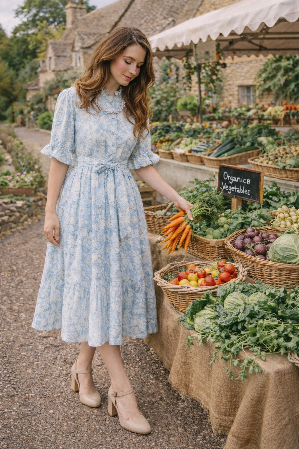Powder blue cottagecore block print maxi dress styled for shopping groceries, Cherry Pie Farmhouse Singapore