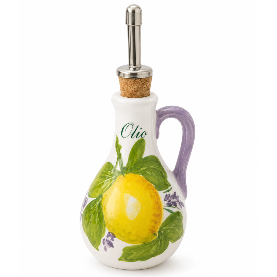 Hand-painted Italian ceramic lavender olive oil bottle with lemon basil and lavender motif lilac handle and steel pourer – Cherry Pie Farmhouse Singapore