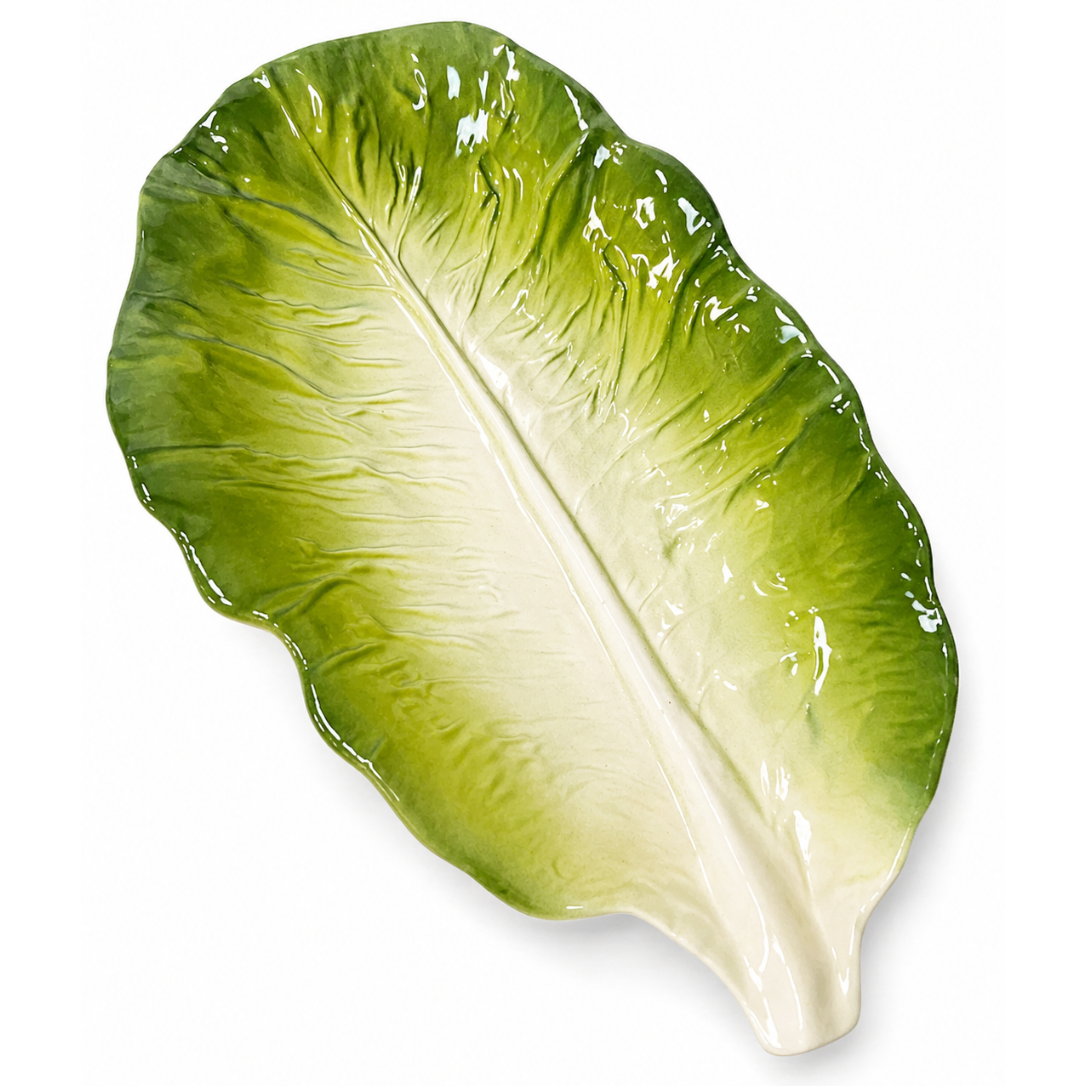 Handpainted Italian ceramic leaf platter in layered green tones with glossy finish