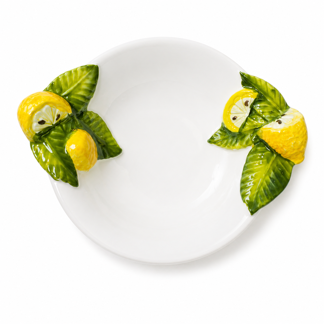 Hand-painted Italian ceramic lemon bowl with two sculpted lemon and green leaf clusters on opposing rim sides – farmhouse tableware Cherry Pie Farmhouse Singapore
