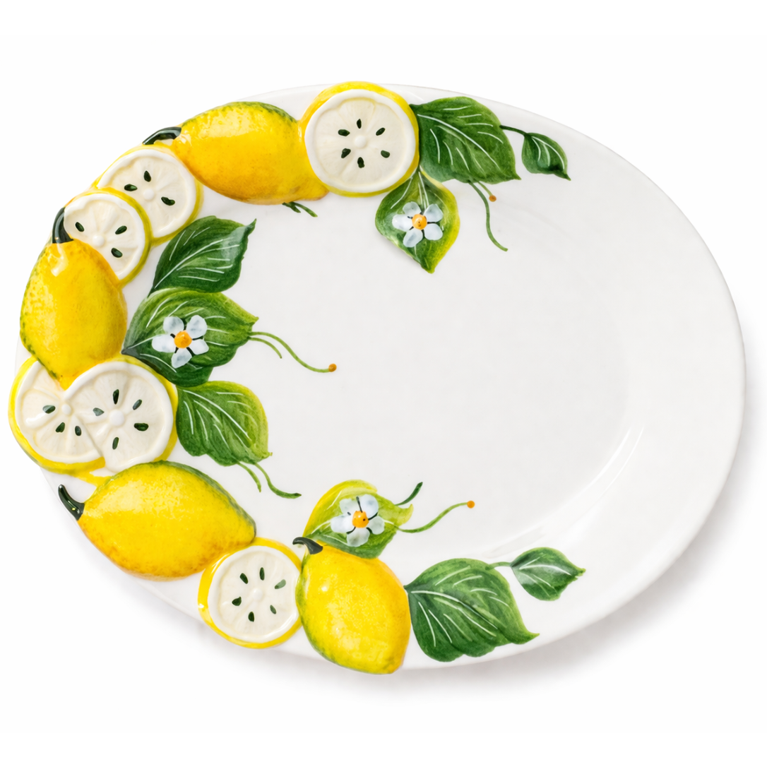 Hand-painted Italian ceramic oval lemon plate with sculpted lemon garland lemon blossom flowers and green leaves – farmhouse tableware Cherry Pie Farmhouse Singapore