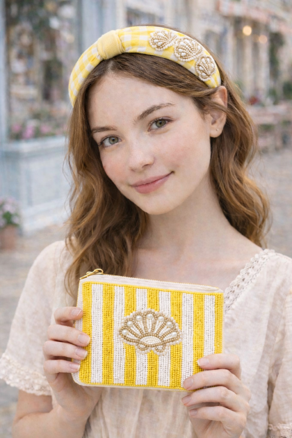 Matching embroidered headband and beaded coin pouch set apricot seashell design