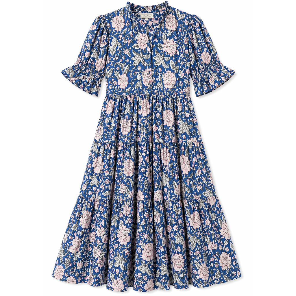 Midnight Wisteria Regency Dress — midnight blue block print maxi dress with peony print, Cherry Pie Farmhouse Singapore
