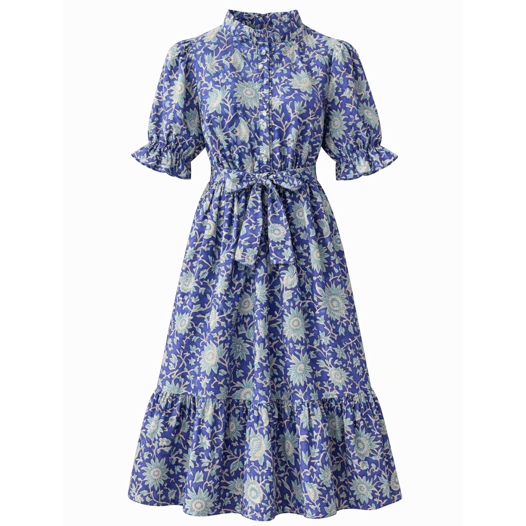 Midnight Garden Regency Dress — cobalt blue block print maxi dress with sunflower and dahlia print, Cherry Pie Farmhouse Singapore