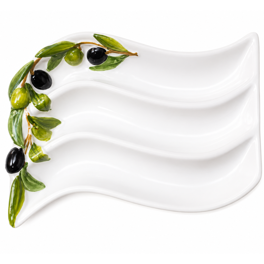 Hand-painted Italian ceramic wave-shaped olive serving tray with sculpted green and black olive branch – farmhouse tableware Cherry Pie Farmhouse Singapore