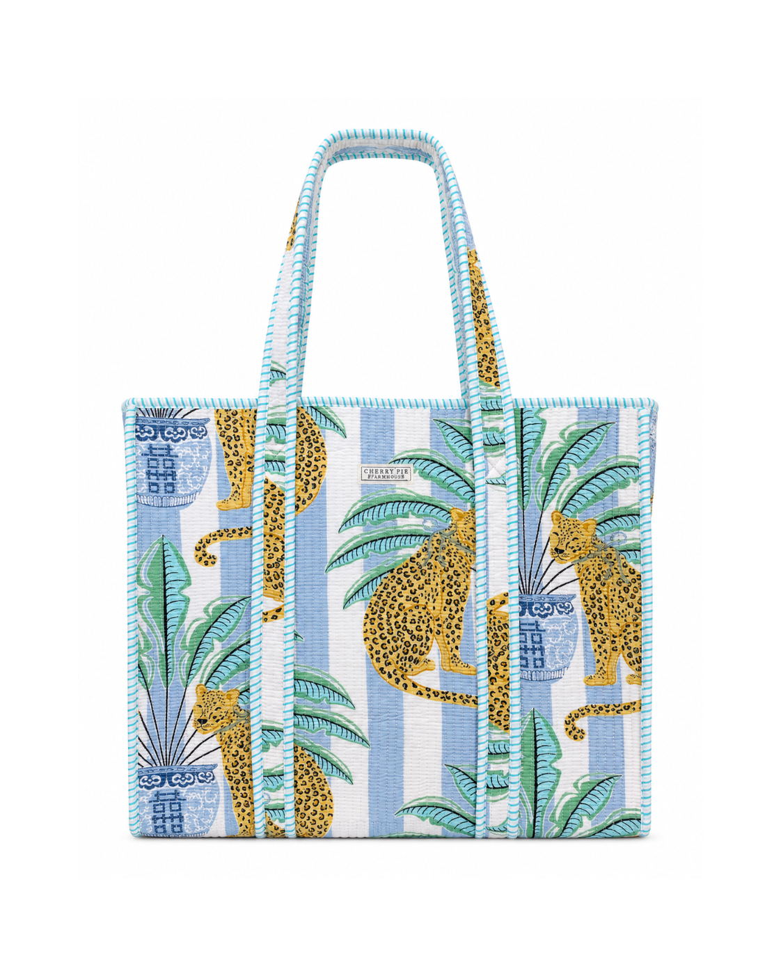 Blue leopard and palm print quilted cotton tote bag