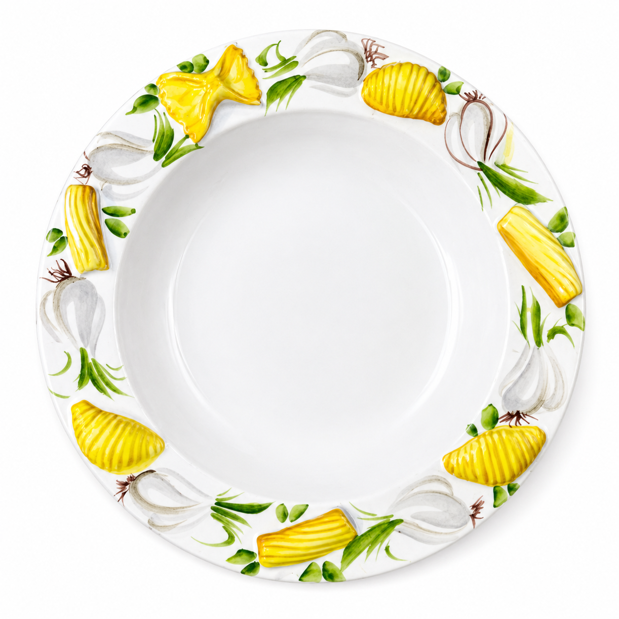 Hand-painted Italian ceramic pasta plate with rigatoni farfalle and conchiglie motif rim – farmhouse tableware Cherry Pie Farmhouse Singapore