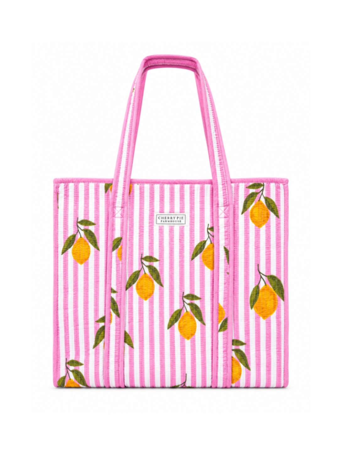 Lemon pink stripe quilted cotton tote bag