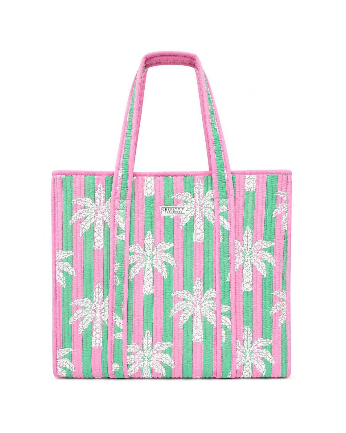 pinkgreenstripespalmprintcottontotebag