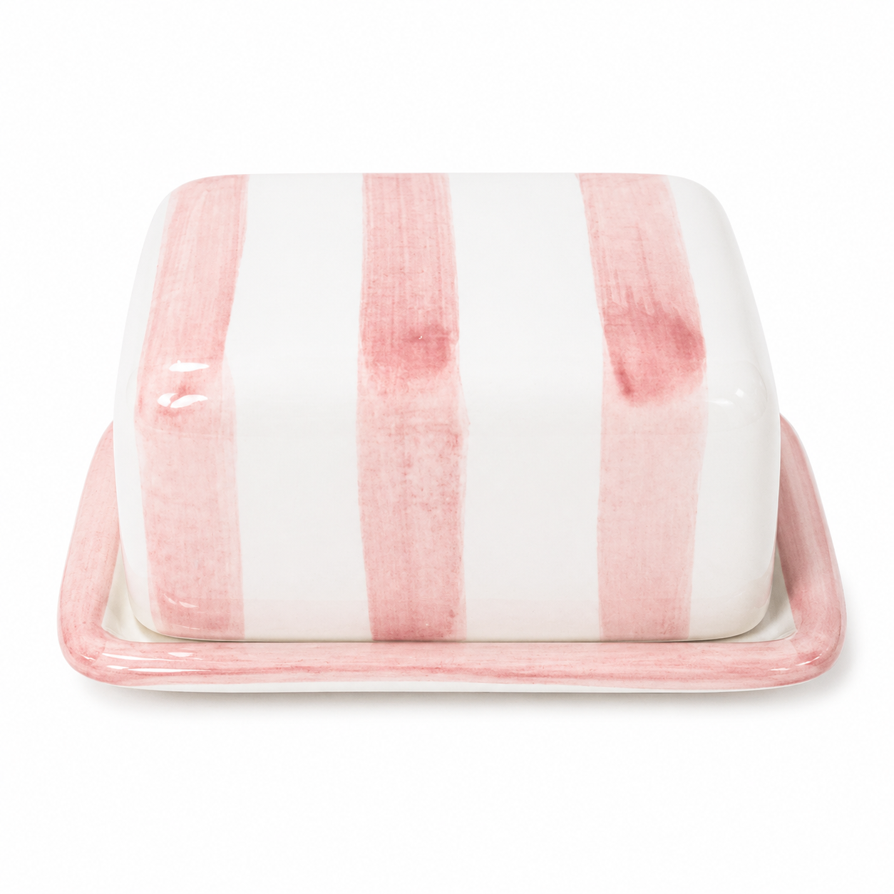Handpainted Italian ceramic butter dish with blush pink stripes and glossy finish