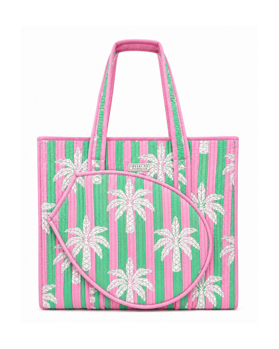Pink Green Stripes Quilted Cotton Racket Tote Bag with Palm Pattern