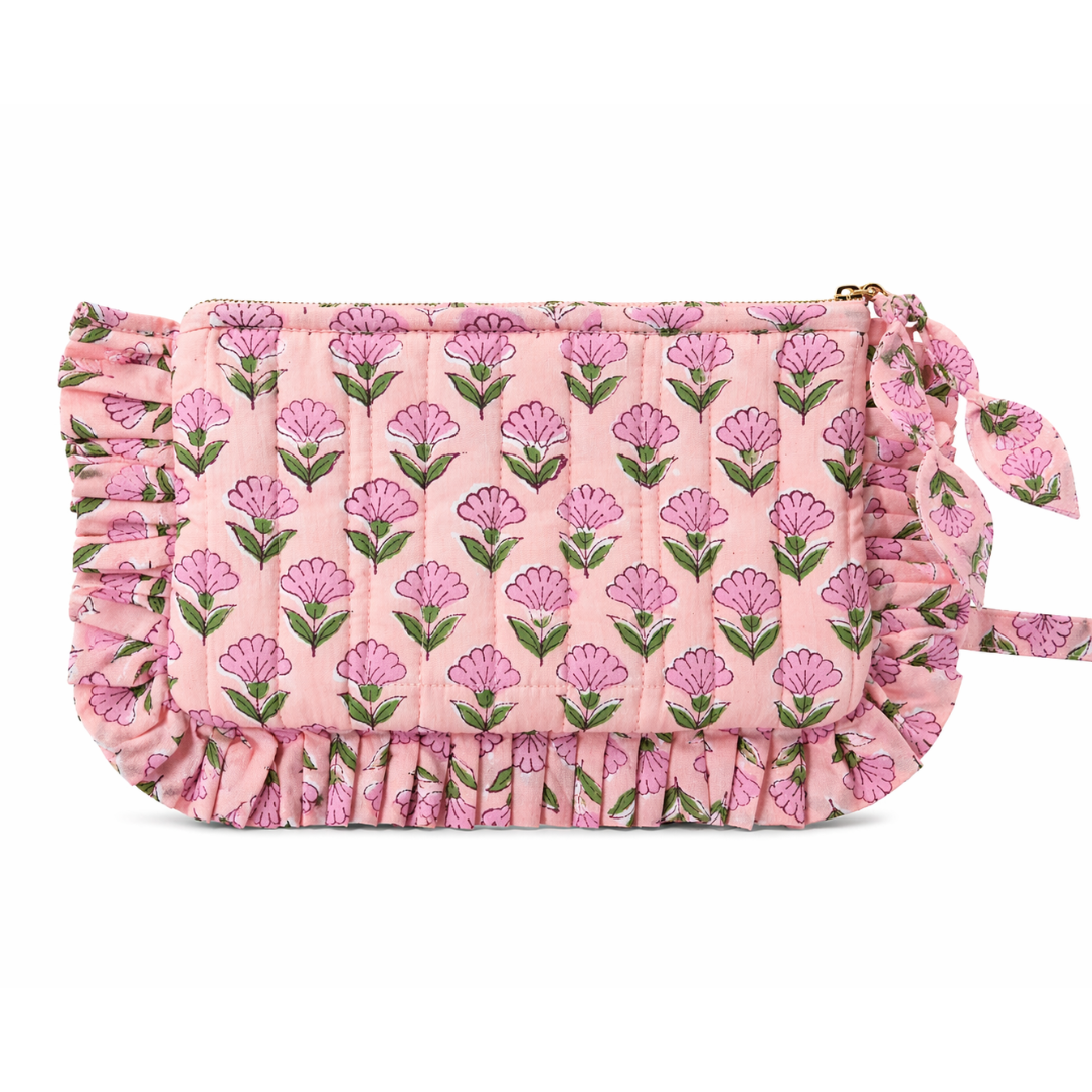Primrose hand block print quilted cotton frill pouch 24x15cm with gold metal zipper – cottagecore accessories Cherry Pie Farmhouse Singapore