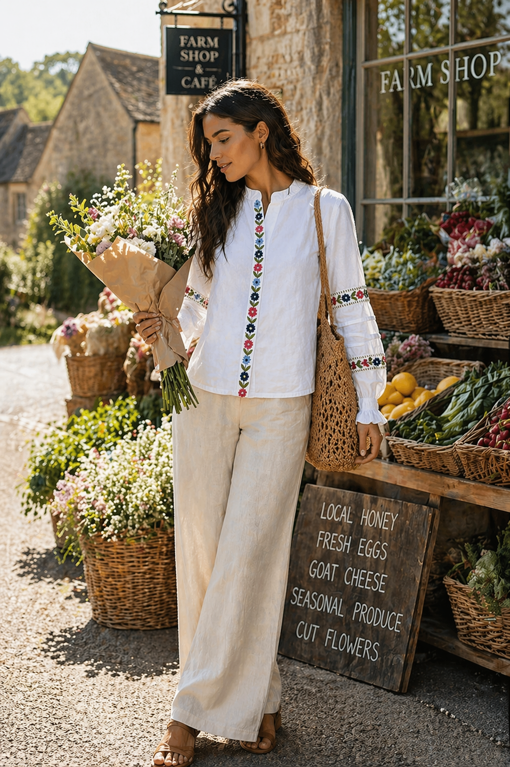 White cottagecore embroidered blouse styled with linen pants, farmhouse aesthetic Singapore