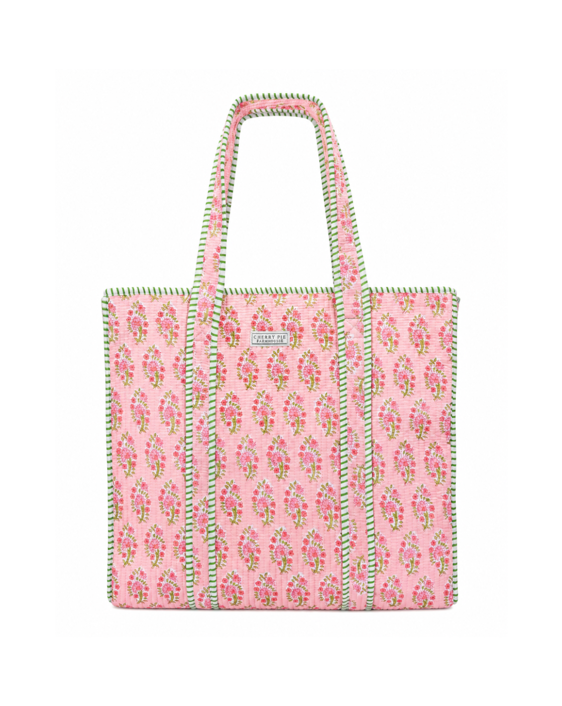 Pink floral quilted hand block printed cotton tote bag with green striped trim