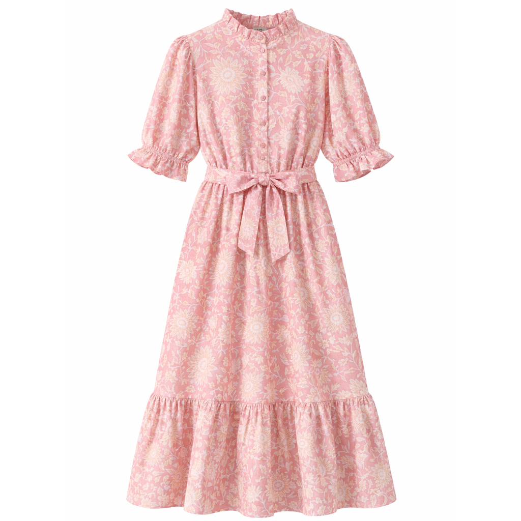 Rose Garden Regency Dress — blush pink block print maxi dress with sunflower and dahlia print, Cherry Pie Farmhouse Singapore