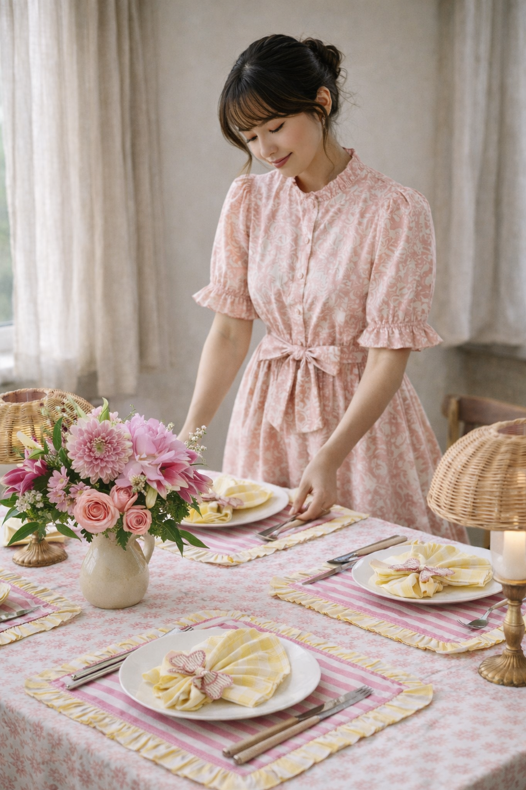 Blush pink cottagecore block print maxi dress styled for brunch, Cherry Pie Farmhouse Singapore
