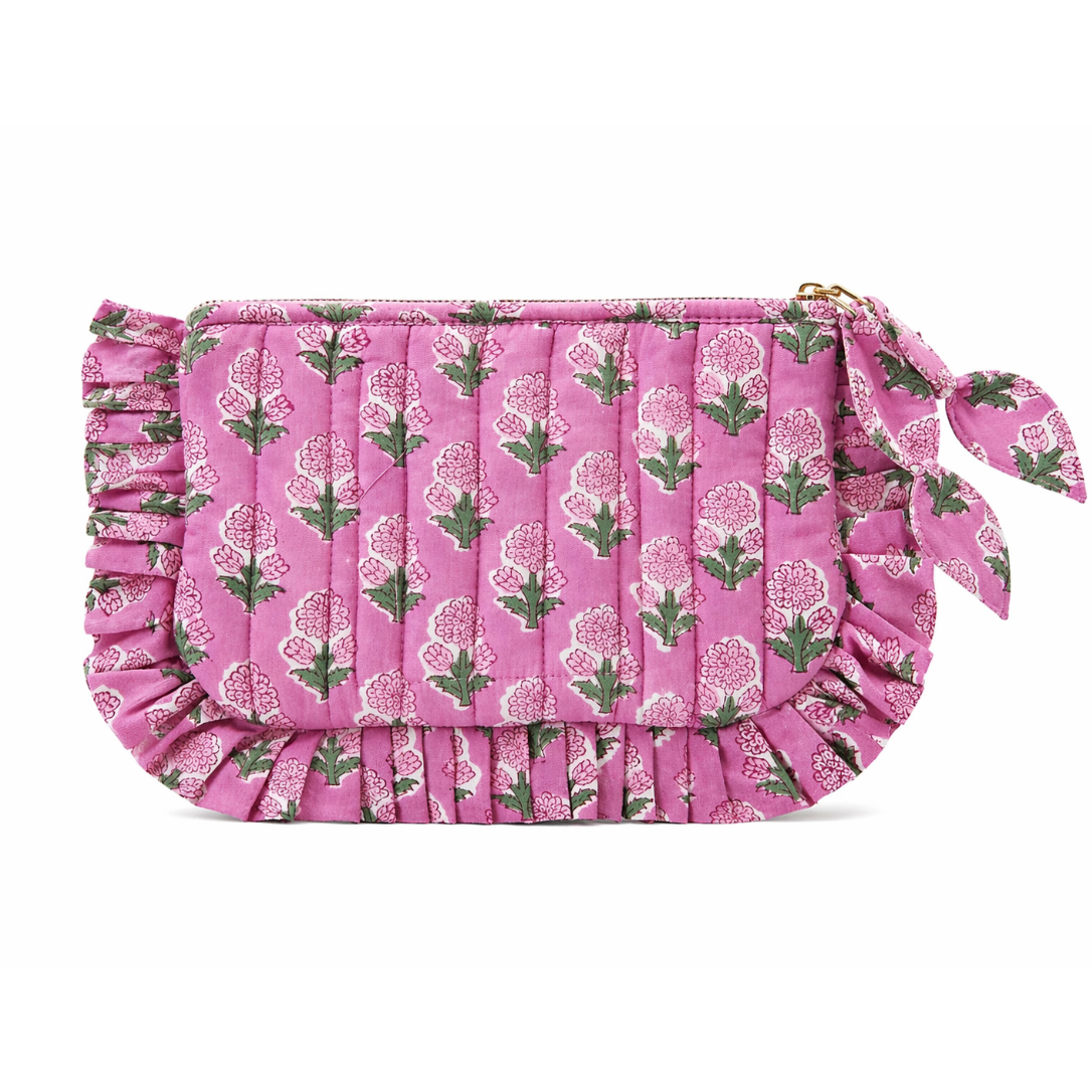 Rosebury hand block print quilted cotton frill pouch in pink floral and sage green – cottagecore accessories Cherry Pie Farmhouse Singapore