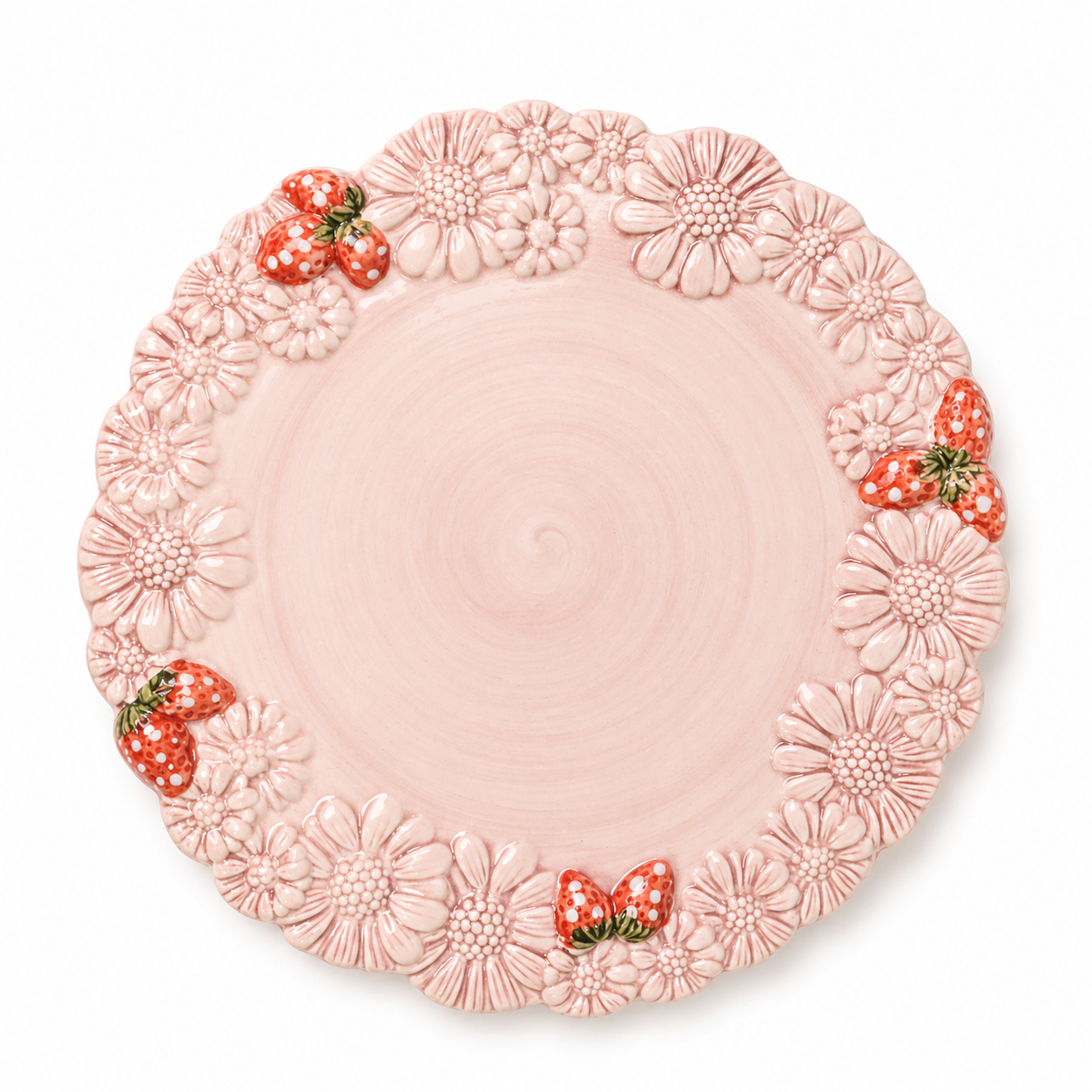 Blush pink hand-painted Italian ceramic plate with sculpted daisy border and red strawberry motif – cottagecore tableware Cherry Pie Farmhouse Singapore