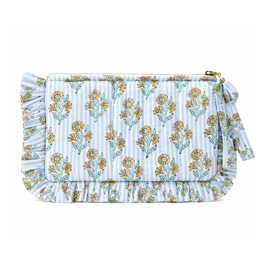 Wisteria hand block print quilted cotton frill pouch in blue white stripes and yellow floral motifs – cottagecore accessories Cherry Pie Farmhouse Singapore