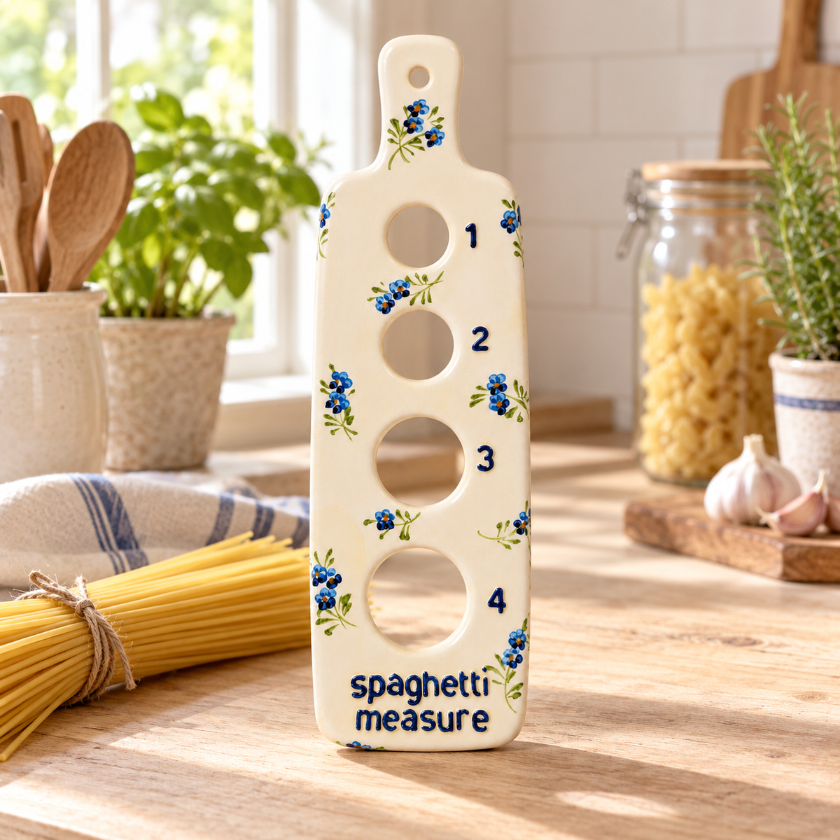 Blue floral ceramic spaghetti measure displayed with dry pasta in a bright farmhouse kitchen