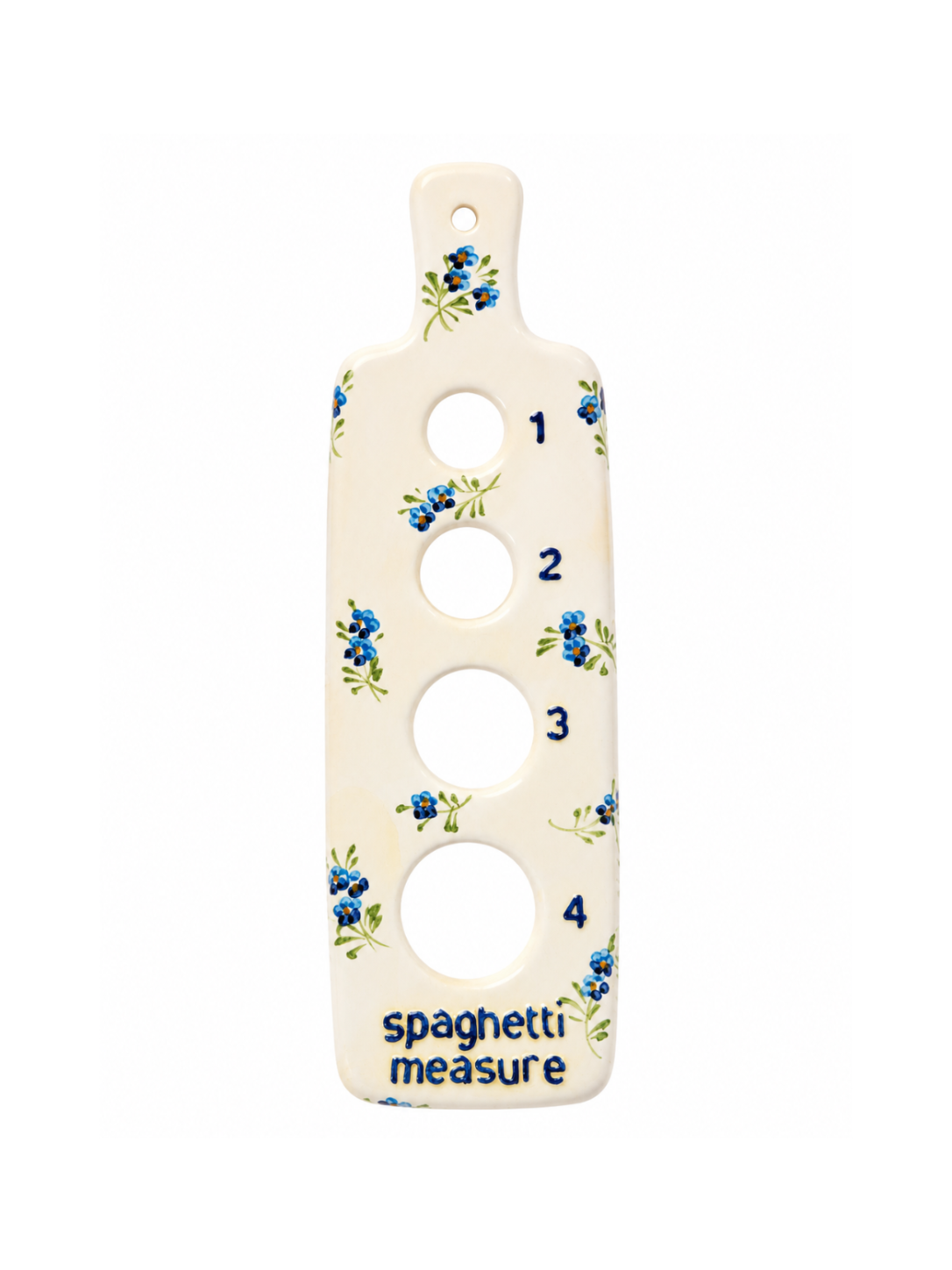 Cream hand-painted ceramic spaghetti measure with blue flowers and four numbered portion holes