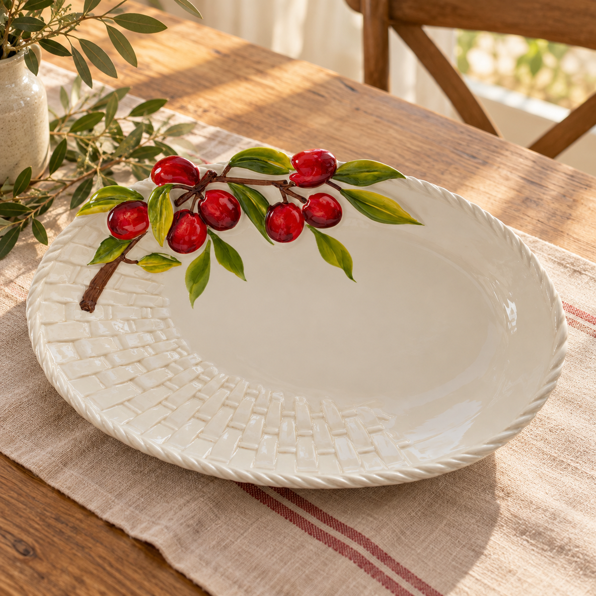 Oval cherry branch ceramic platter styled on a warm farmhouse table.