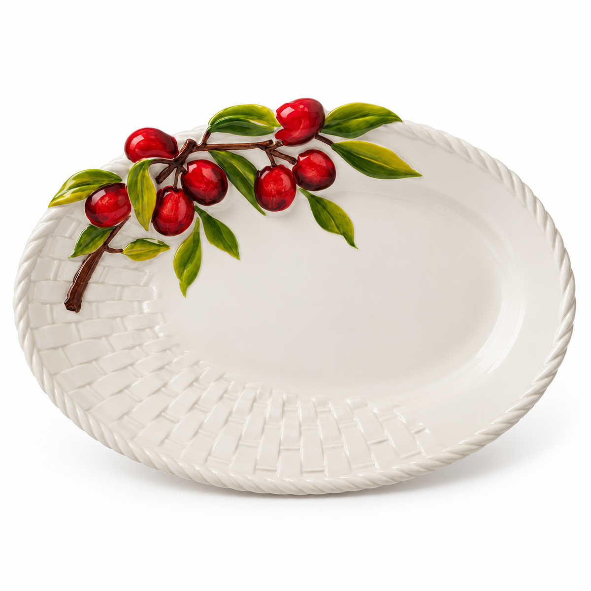 White oval Italian ceramic platter with raised red cherry branch on a clean white background.