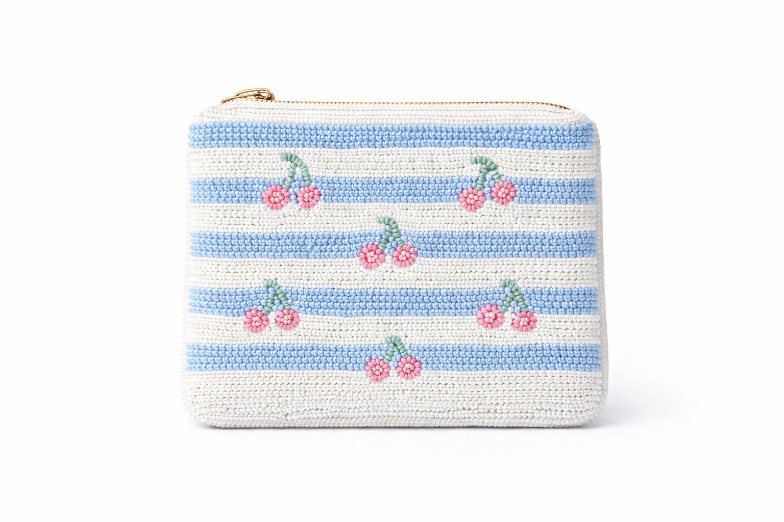 Hand embroidered beaded coin pouch with cherry on blue white stripes by Cherry Pie Farmhouse