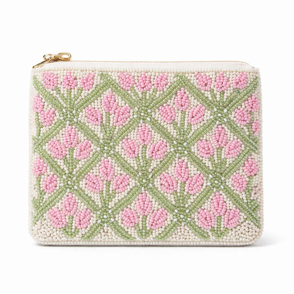 Hand embroidered beaded coin pouch pink block print motif Cherry Pie Farmhouse