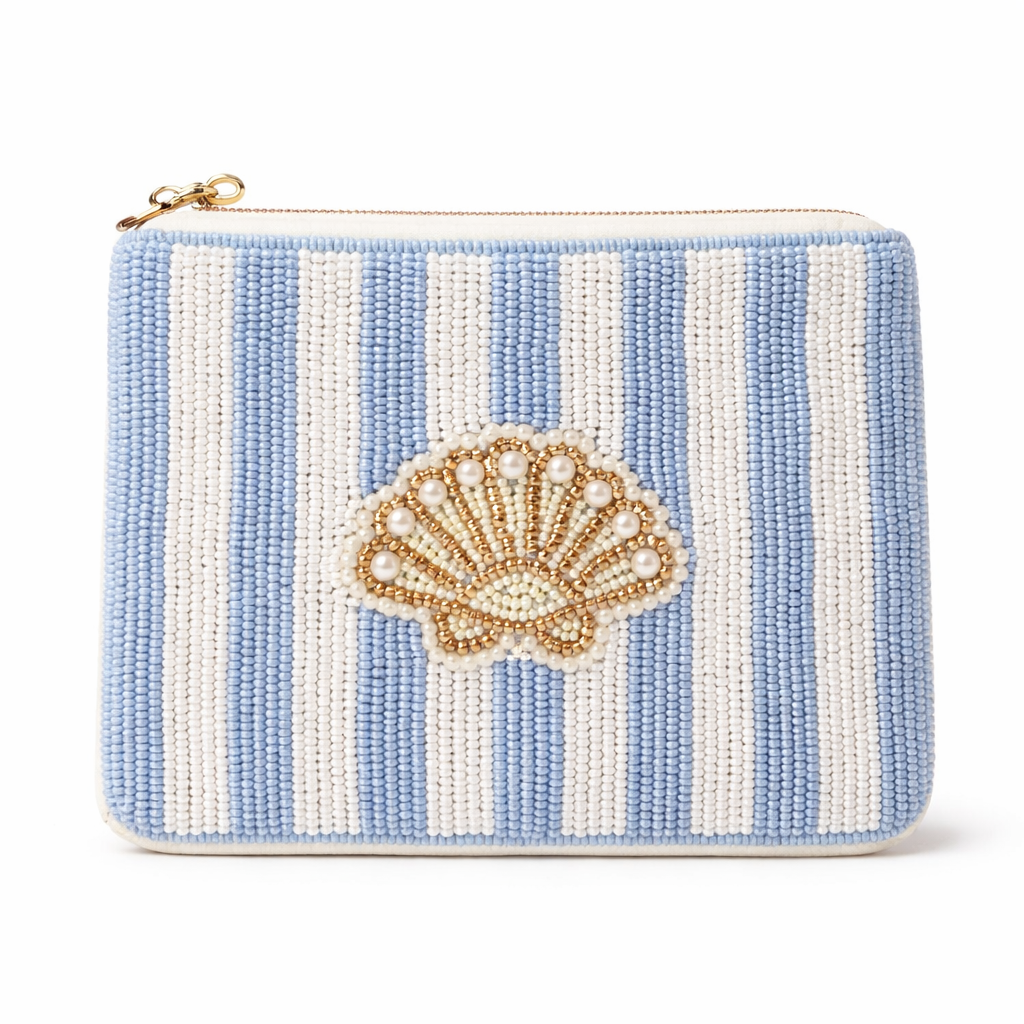 Hand embroidered beaded coin pouch striped blue white seashell Cherry Pie Farmhouse