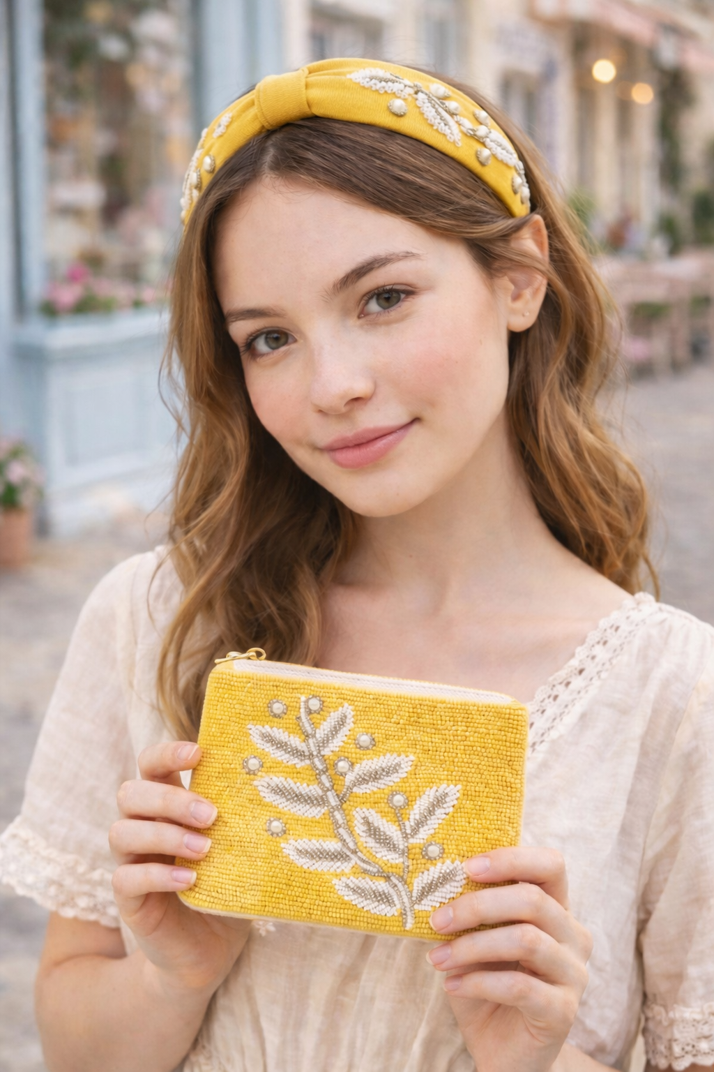 Cottagecore styled embroidered coin pouch mustard yellow leaf design