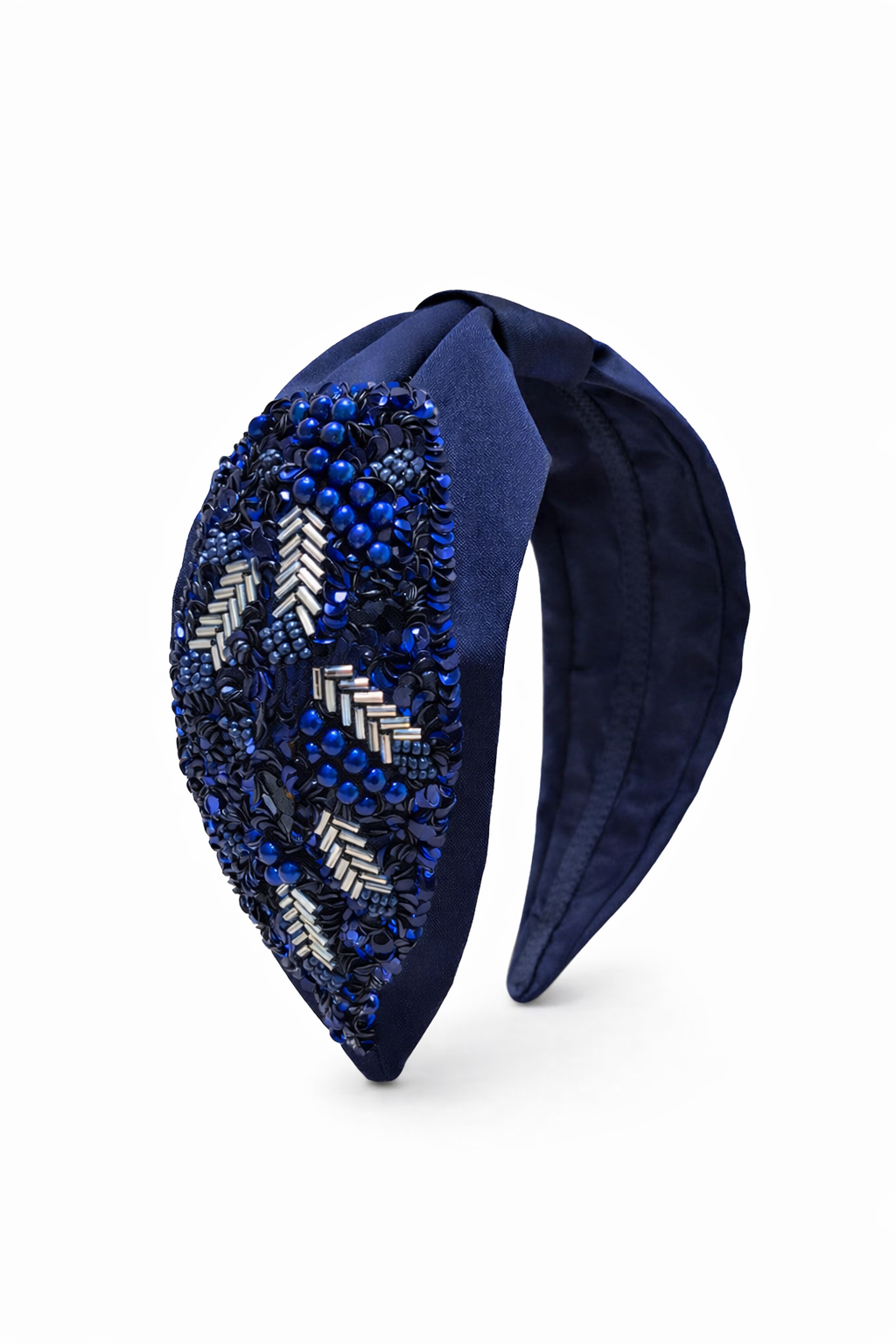 Navy bejewelled hand-embroidered headband with intricate beadwork