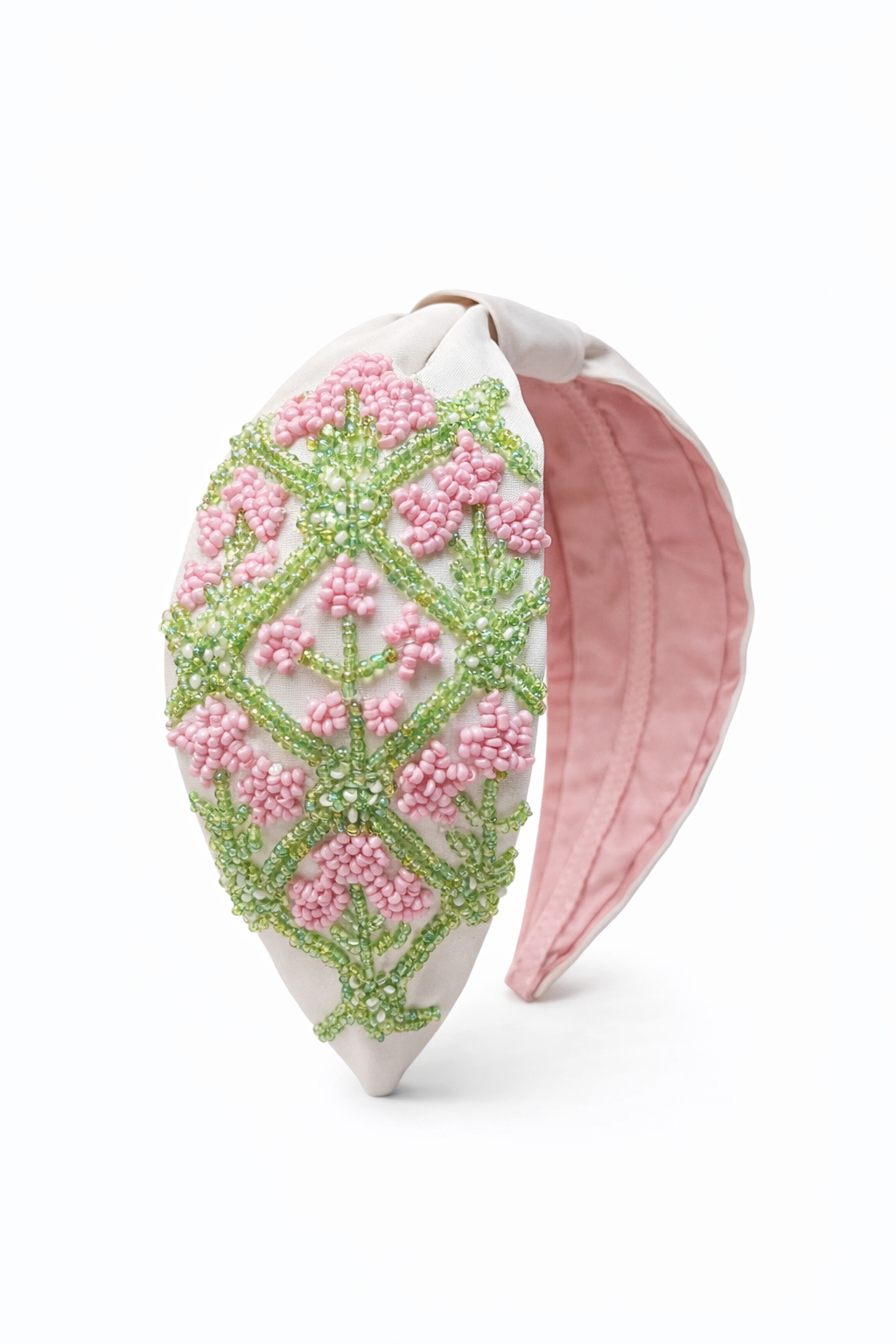 Side angle of Block print motif hand-embroidered headband with artisan beadwork on structured fabric