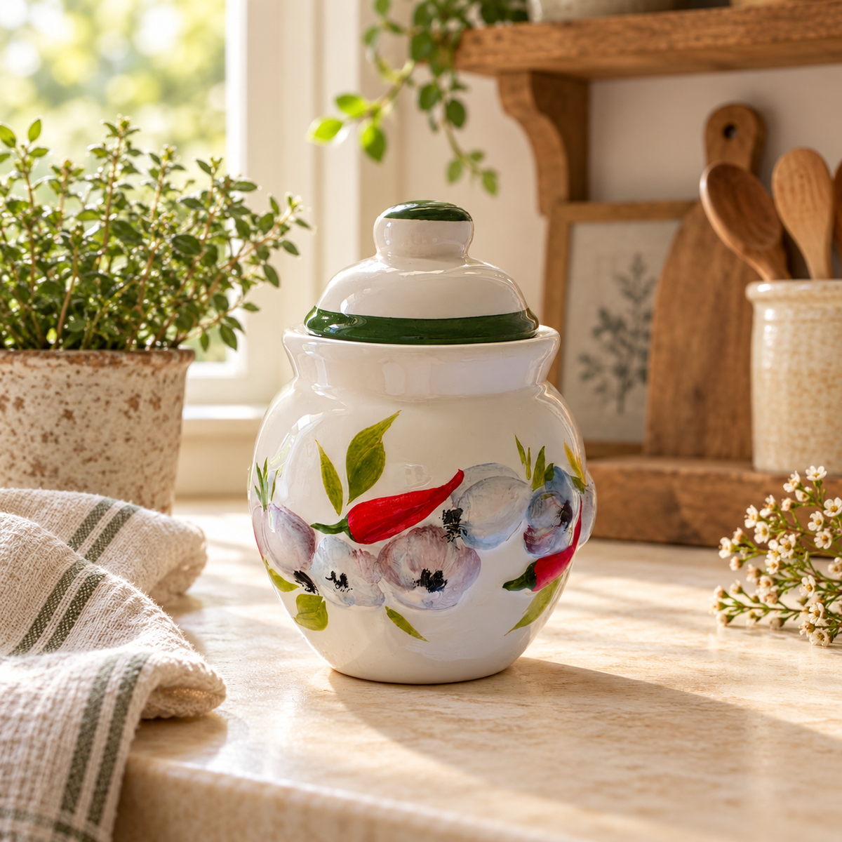 Floral lidded ceramic jar styled on a softly lit farmhouse kitchen counter.