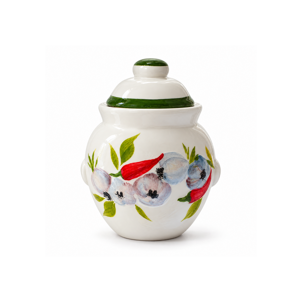 White lidded Italian ceramic jar with pale blue flowers, red buds and green painted trim.
