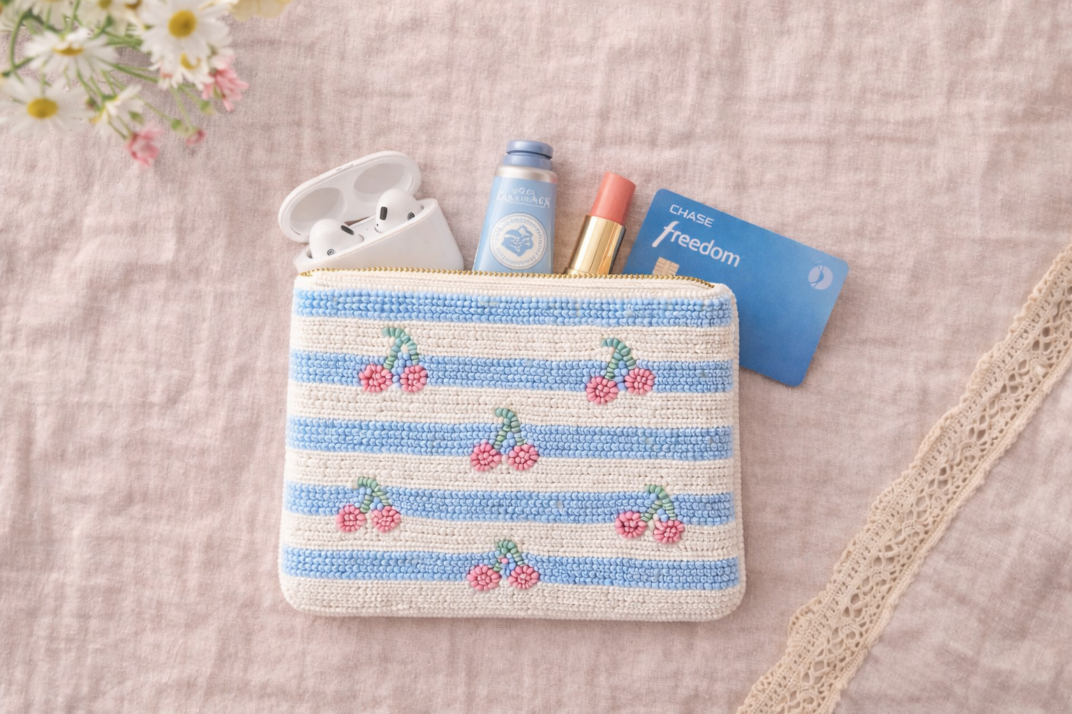 Small embroidered coin pouch cherry on blue stripes with coins cards AirPods and lipstick